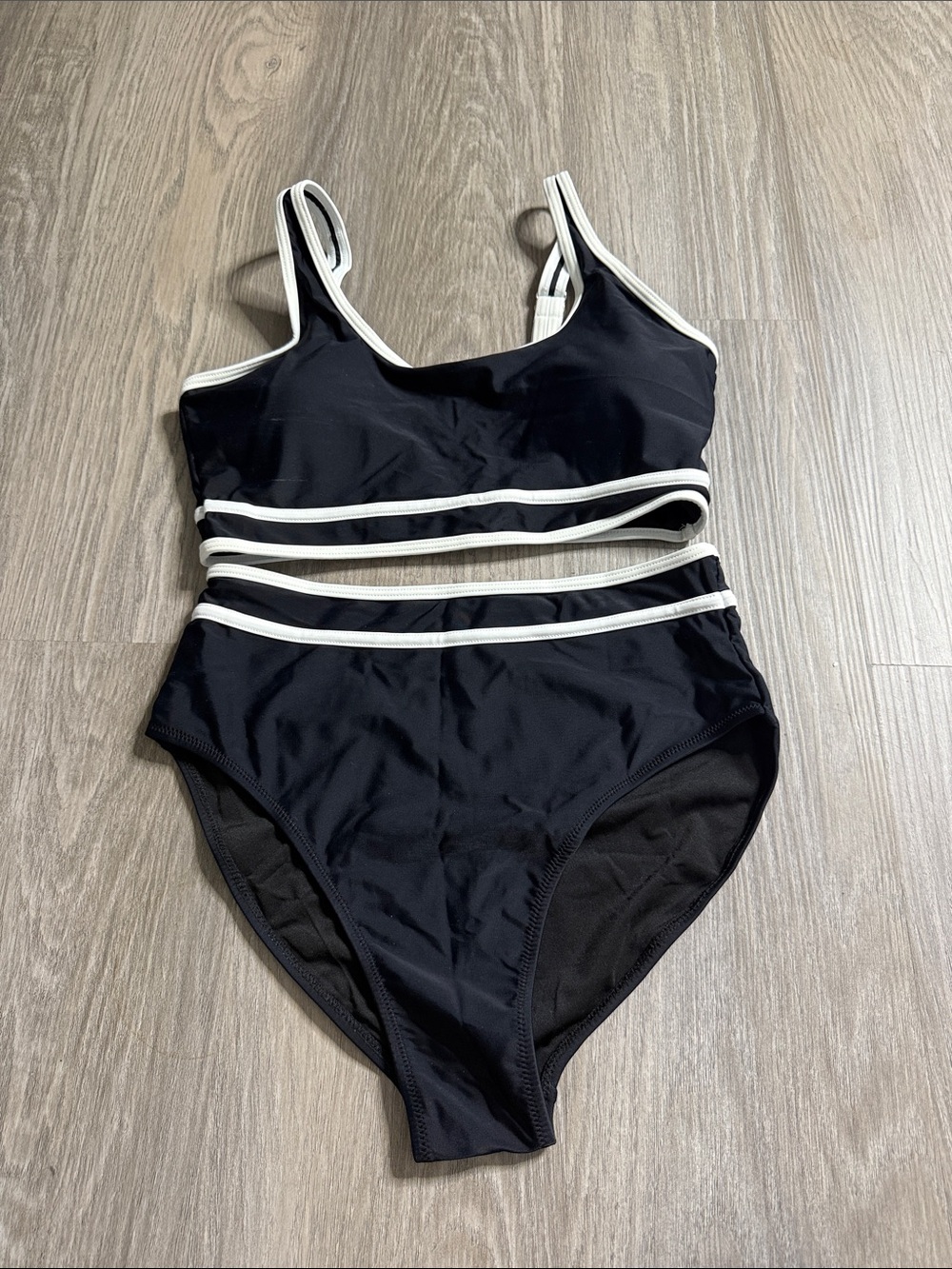 High-Waist Black Bikini Set with White Contrast Trim